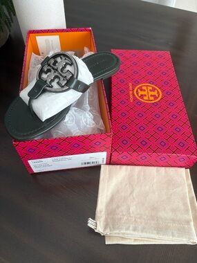 Tory Burch Dark Green  Leather Logo Thong Sandal with Silver Logo Accent